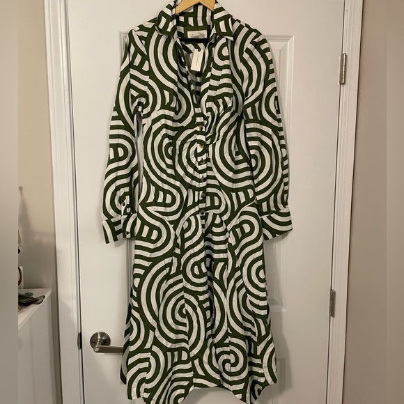 NWT By Anthropologie Long Sleeve Poplin Button Down green and white shirt dress - Picture 3 of 9